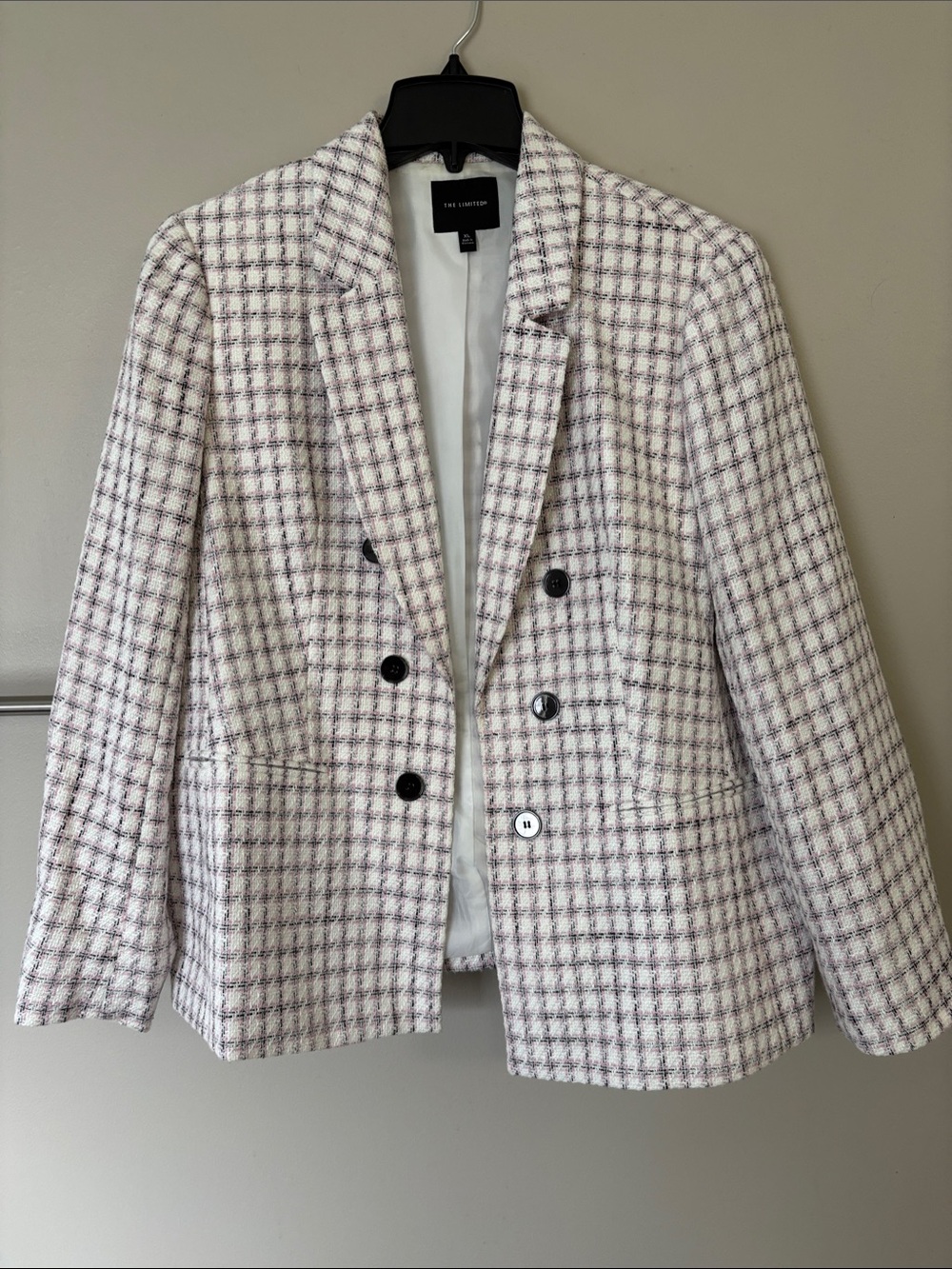 The Limited Cream/White, Pink and Black Plaid Double-Breasted Blazer